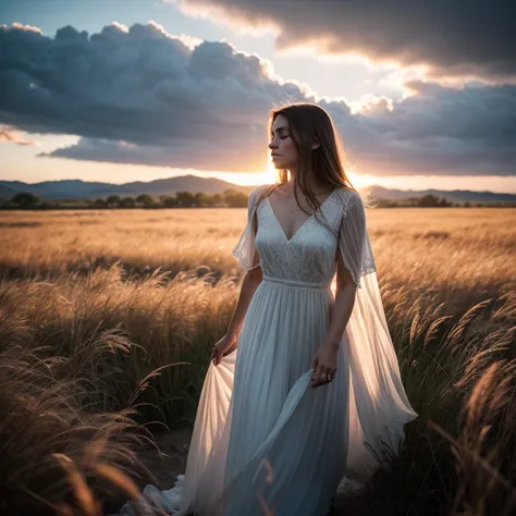 "An ethereal and emotional image of a ray of light gently descending from the sky, illuminating the silhouette of an adult woman standing in a field of tall grass. The atmosphere is melancholic and serene, with soft shades of blue and gold, creating a sens...