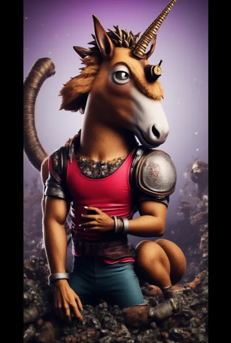 Golden unicorn with human body wearing a tank top ,Animated shorts and panties 