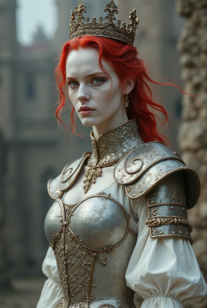 a pale mature woman, wearing a medieval white dress mixed with an armor,(there is a crown on her head) her hair and eyes are full red (her sclera is red), detailed strange background, better performance, 16k quality, HDR, RAW photo,(medieval background, ca...