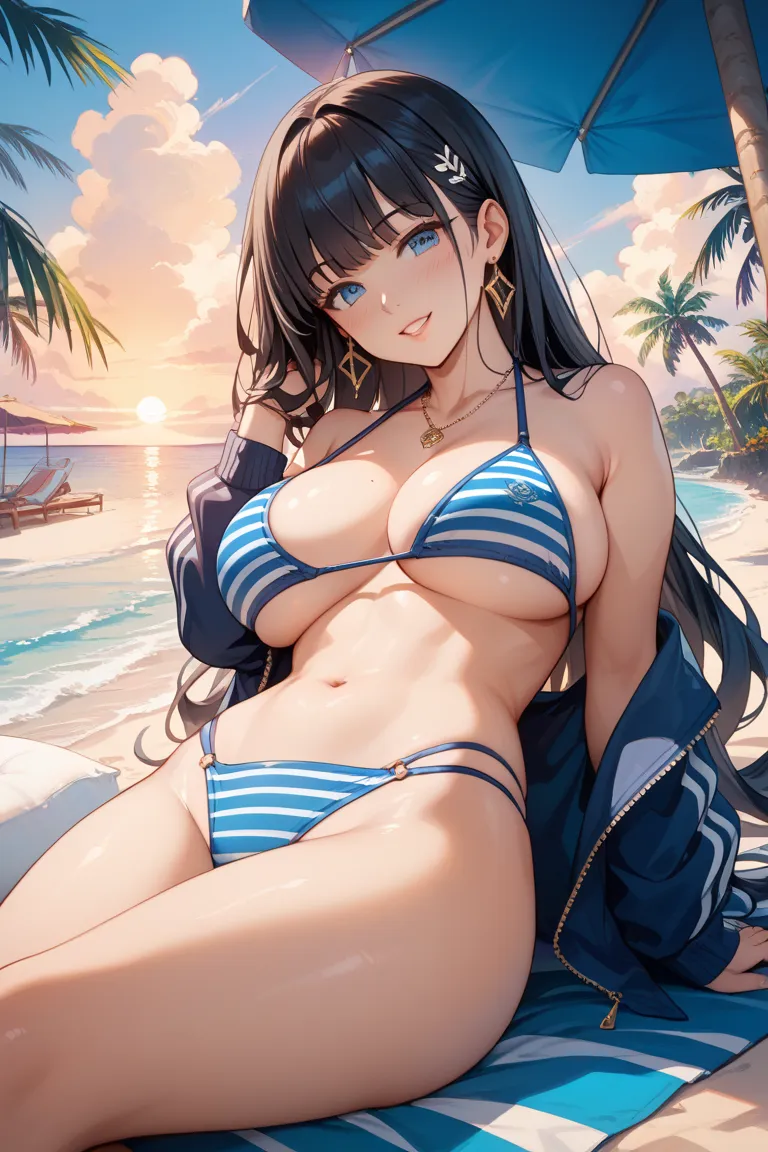 Japanese Anime Girls Very Big Breasts Big Butts Bikinis Blue Striped Bikinis Long Hair Black Hair Nasty Kinky Temptation Superb Masterpiece Top Quality Masterpiece