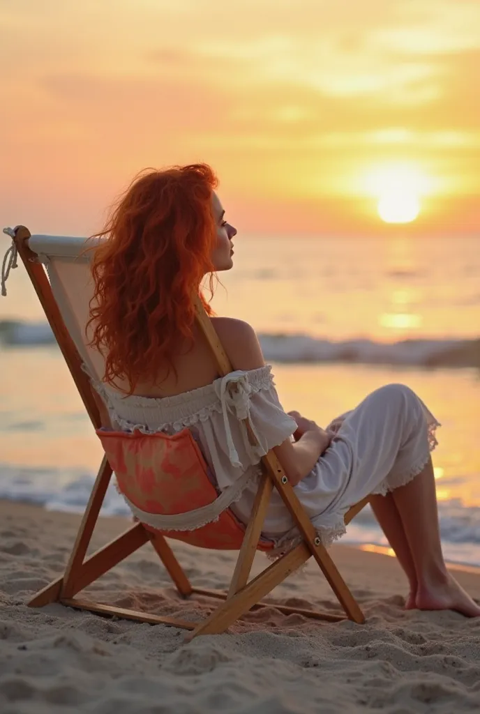  A young red-haired woman , of white skin and wavy hair, sitting comfortably in a beach chair, with bare feet sunk in the sand, facing the sea at sunset. She is dressed in a light and loose dress, light colored,  that shake gently in the wind . The beach c...