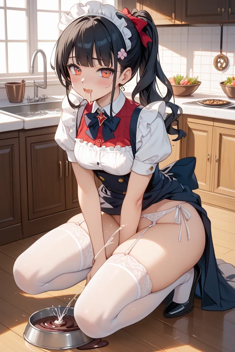 Beautiful girl maid with long black hair wearing a white garter belt, white stockings, and white panties、Stand on your knees in the kitchen and open your legs、A beautiful girl climaxes sexually squirting from the top of a metal bowl containing melted choco...