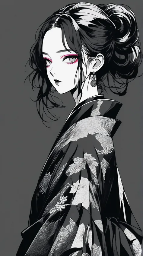 (best quality,  sketch:1.2),realistic,Illustrator,anime,1 girl, Detailed Lips, plain kimono ,custom, (background dark monochrome),Neon Hair,texture cropping, masterpiece,   style retro classic , Noir Dark, art,  sketch book, (:1.75 Neon:1.32), Bad Girl , d...