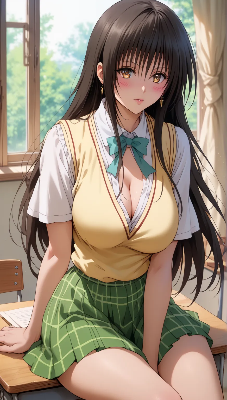 Score_9, Score_8_up, Score_7_up, Score_6_up, Score_5_up, Score_4_up, masterpiece,  Yui Kotegawa(To Love ru), hourglass figure, big chest, thick thighs, yuikotegawa,, golden amber eyes, blushing expression, wearing a yellow vest over a white blouse, blue ri...