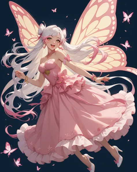 Japanese anime girl with pink butterfly wings,she have long white hair with pink highlights, yellow eyes,she have on a long pink gown, she have on white heels, she's flying with butterflies Accurate, Super Detailed, Very Long Hair, Multicolored Hair, Shiny...