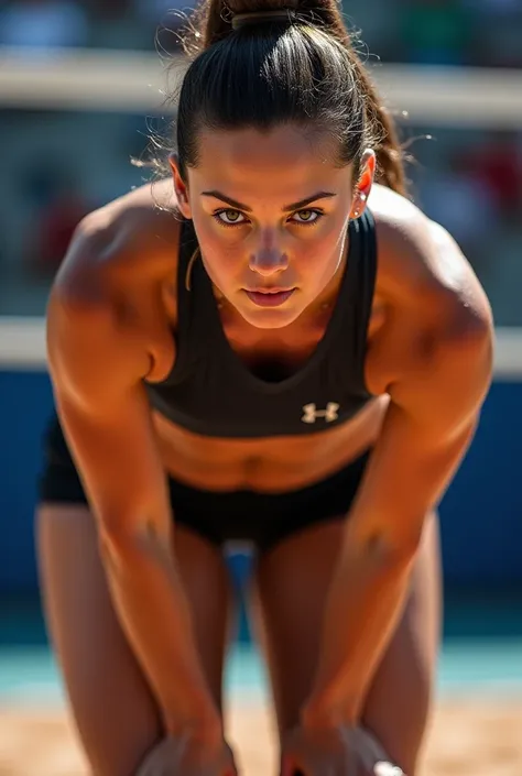 Close up view from behind of a volleyball woman bending over with hands on kneecaps