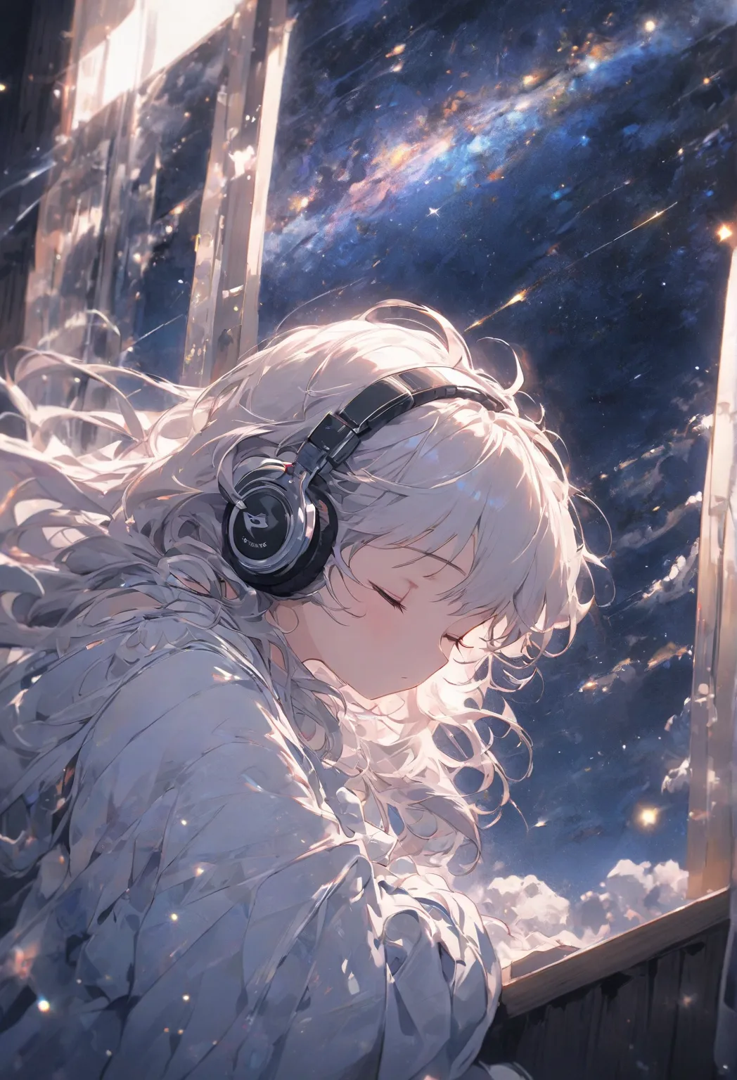 ( bedside window , sleeping girl,   headphones ,  WITH SMARTPHONE., Big night sky , Many stars)