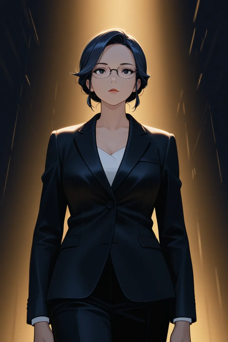 anime screencap, masterpiece, best quality, amazing quality, very aesthetic, newest, 1woman, solo, dark blue hair, short hair, glasses, black suit, tall, highres