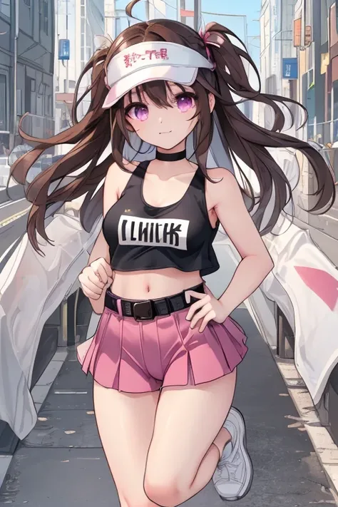  an anime girl,  Pink Eyes, long dark brown hair , ((dark brown hair)),  pink sportswear, good face, cute body, big arms and legs, pleated pink skirt, pink sports skirt, ((Black fitted short top )), Square black sleeveless fitted compression top, ((small w...