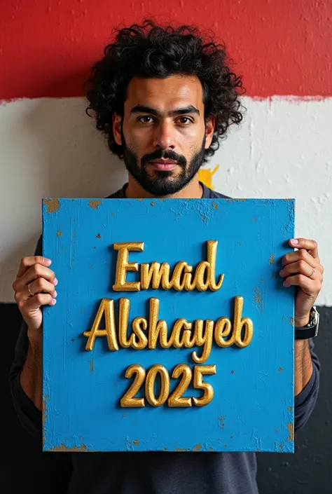 Mohamed Salah holds a blue painting with a bold 3D gold script " EMAD ALSHAYEB 2025 " It is shown to the viewer and behind it is a wall painted in the colors of the Egyptian flag 