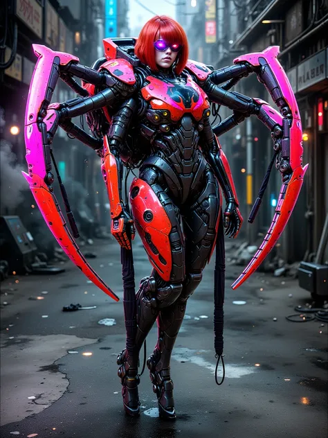 Spidra, Robotic White skinned woman, Bob cut Fiery Red Hair, Voluptuous Build, wide hipped, thick thighs, wearing a red and black spider like suit of armor, Black Spider Symbol on Her Chest, back pack that has six robotic spider legs, iridescent Red glowin...