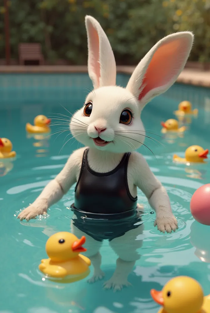 /Imagine an anthropomophic rabbit in a black swimsuit, swimming with other smaller bunnies in a pool full of rubber balls and ducks