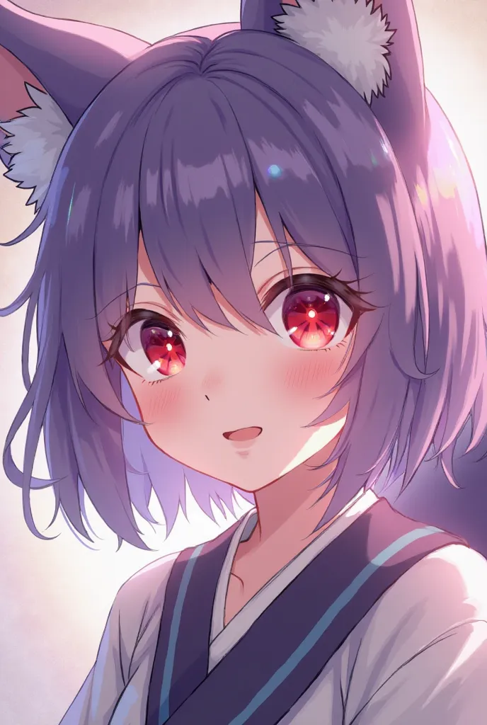 Close-up of an improved masterpiece:1.5)0.9], (Purple fox girl:1.2) (Short purple hair a little wavy:1.1) (red eye color:1.2) (wearing Korean clothes:1.0) (Colored stars in the eyes:1.0) (A radiant shine:1.1) (normal lips:0.9) Video greeting