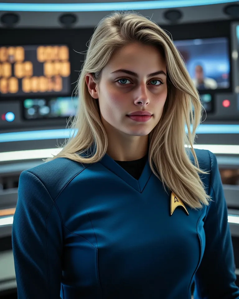 A blond woman with blue eyes wearing blue Star Trek SNW uniform speaking standing in starship. Various digital panels in background. Blur background.