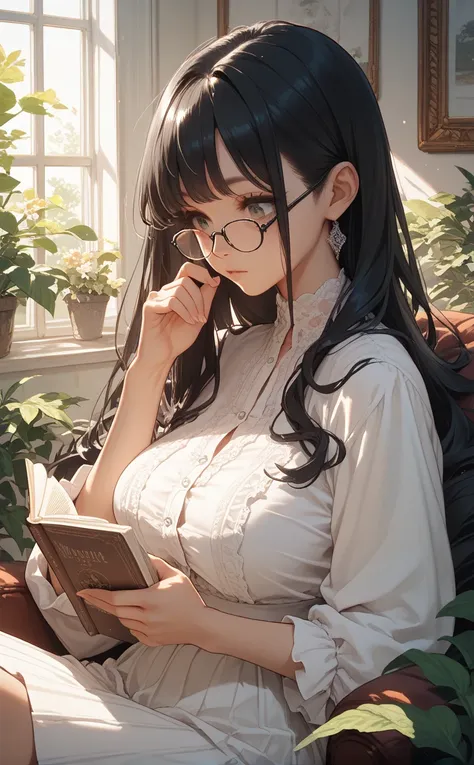  long hair　  Beautiful woman with black hair　white blouse　Big Breasts　check skirt　  anime style　 reading 　Glasses