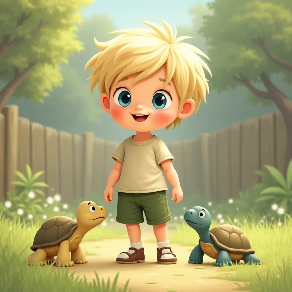 I would like to generate an image for a book with a main character who is a  of 1.s, blond hair, blue eyes and big cheeks. This boy wears a beige t-shirt and green shorts. He is always dressed in neutral earth colors.
May the  be playing with a turtle in h...