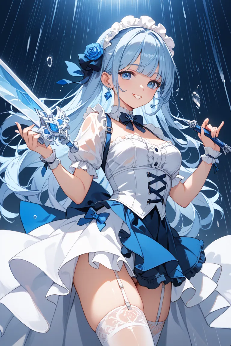 white garter belt, white stockings, white miniskirt, and a beautiful platinum colored long-haired girl wearing a white gothic lolly、holds a thin longsword made of only cerulean blue-colored translucent glass holding the handle with one hand and holding it ...