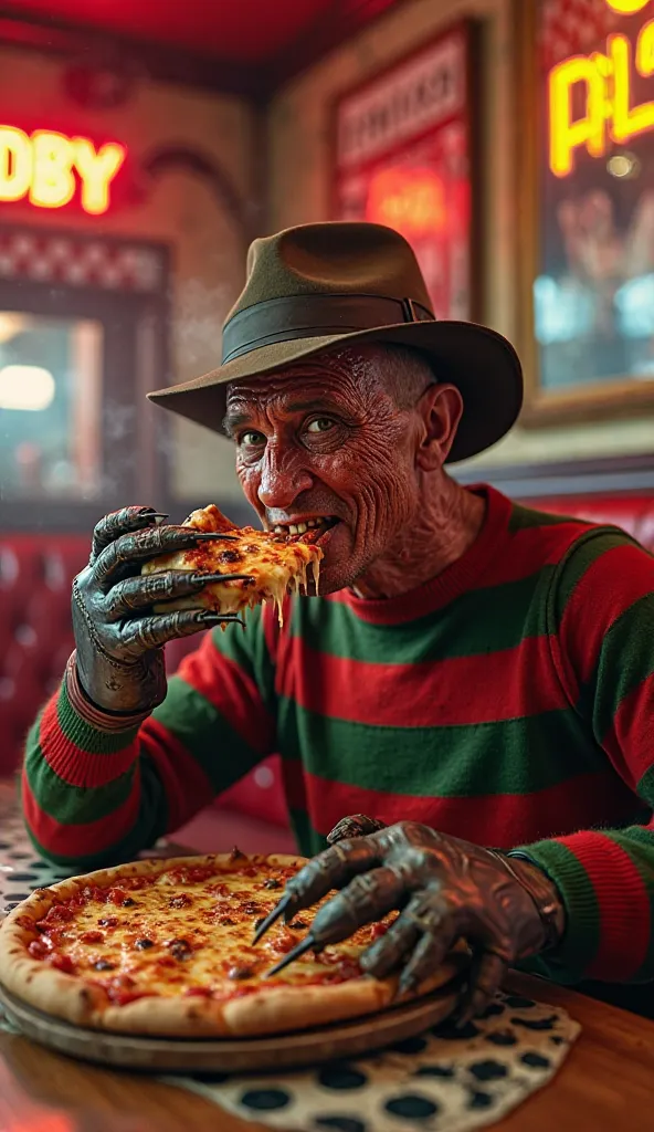 A highly detailed, ultra-realistic 4K image of Freddy Krueger sitting in a classic American pizzeria, eating a slice of pizza. He is wearing his signature red and green striped sweater, a worn brown fedora, and his iconic glove with razor-sharp blades. The...