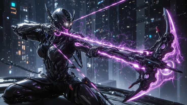Ultra-realistic, cinematic 4K, full-body view from head to toe of a cyberpunk warrior embodying Sagittarius, a dynamic and fast-moving cyber-archer. His exosuit is designed for agility, glowing with purple neon streaks resembling constellations. He draws b...