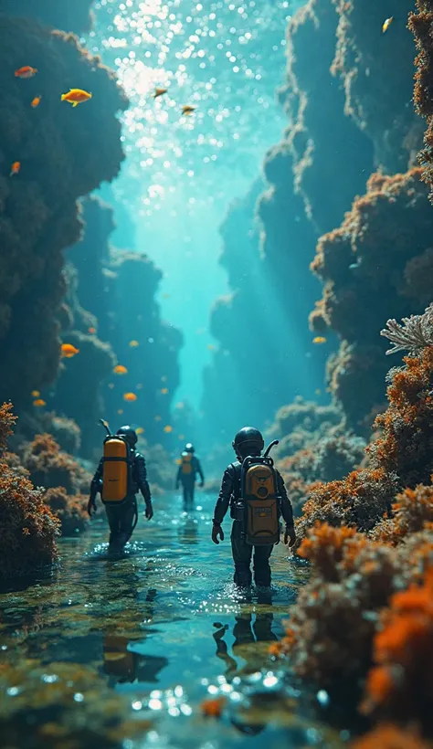 Ultra realistic macro photograph of a giant aquarium, with tiny explorers in diving suits exploring the underwater world. Some swim with fish, others explore coral reefs, and some operate a miniature submarine. Cinematic lighting creates a magical underwat...