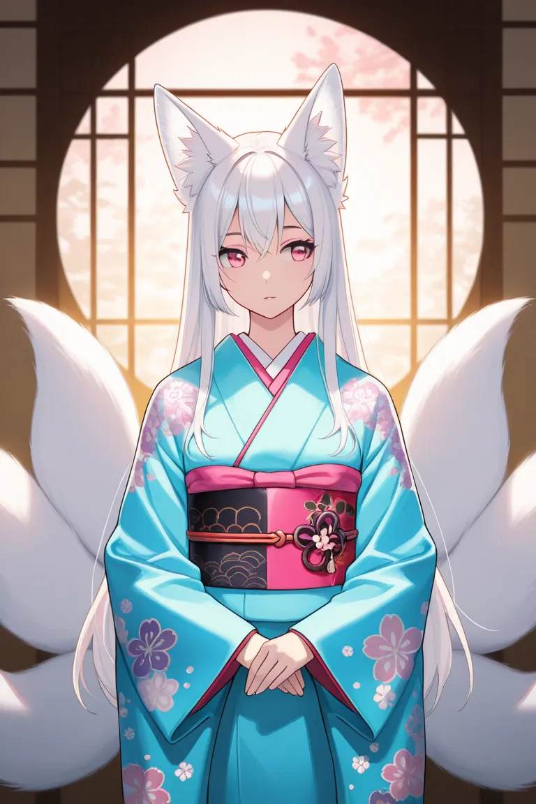 anime screencap, masterpiece, best quality, amazing quality, very aesthetic, newest, 1woman, solo, white hair, long hair, pink eyes, fox ears, fox tail, furisode, tall, highres