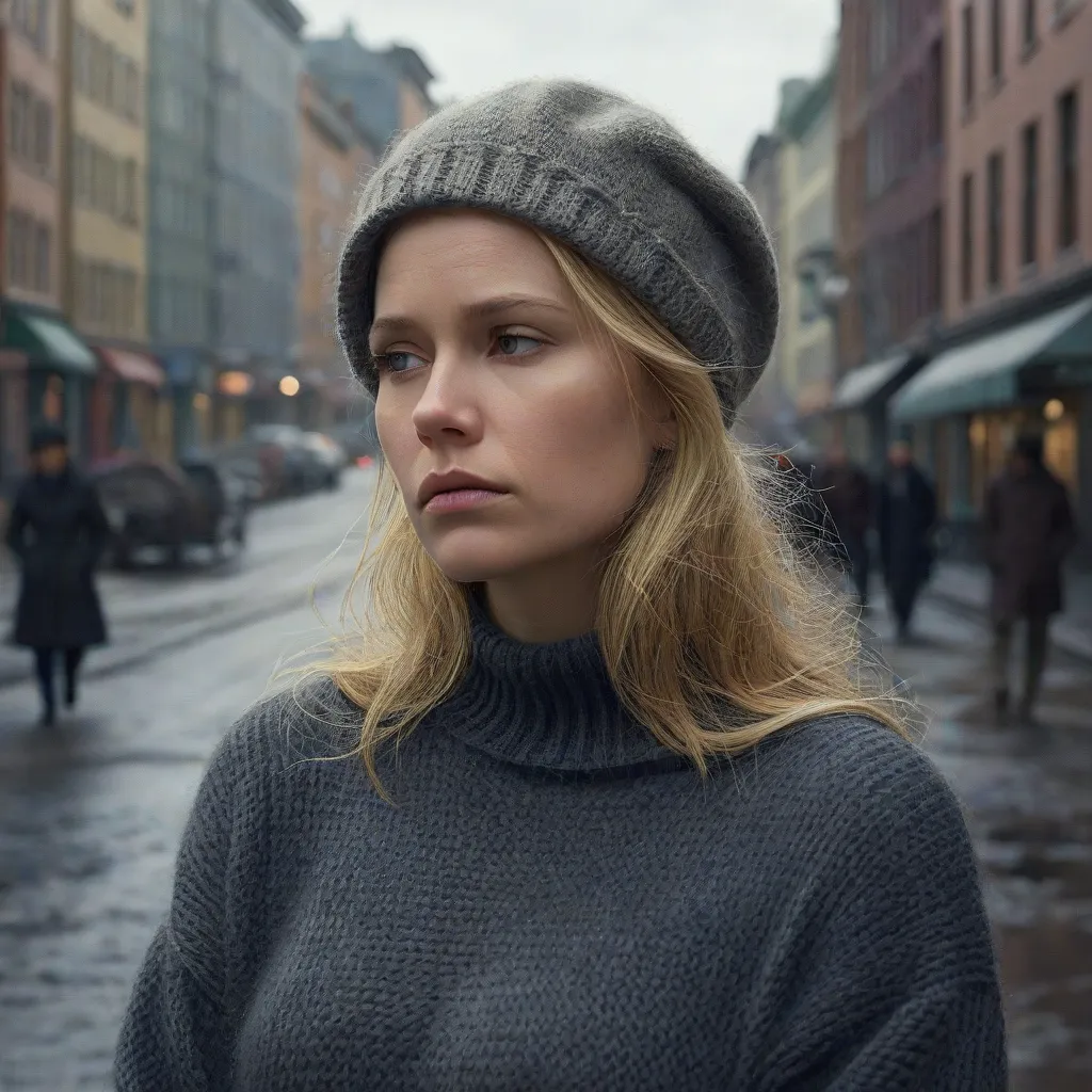 Beautiful blonde Swedish sad woman in the city wearing a hat sweater