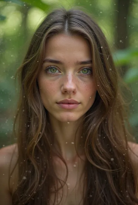 a 19-year-old,green eyes,long hair, portrait,close-up,soft expression,Place,3/4 vista,natural environment, natural light,is, forest setting ,leaf texture,depth of field, photograph ,high resolution, fine details, vivid colors,optimal lighting