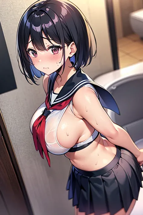 Best quality, high resolution, 1 Japanese girl, short black hair 1.3, idol face, shiny skin 1.5, sweaty 1.4, big boobs, chubby figure, butt sticking out, sailor uniform 1.5, thighs 1.3, embarrassed expression, toilet background