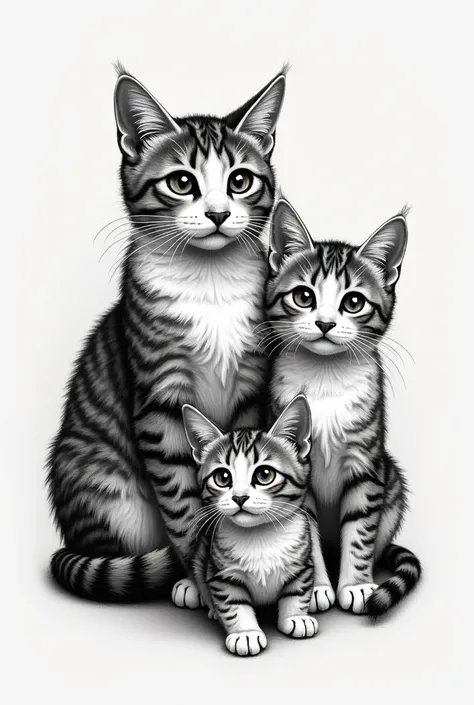 A black and white tattoo of three cats being an older female, a middle male and a male puppy