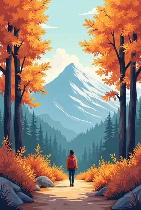 autumn，Wilderness，trip，There is a mountain shadow in the distance，Nearby are trees，leaf， Clear sky ， illustration style ，Simple screen，Bright colors，side view，Large depth of field，Overlooking