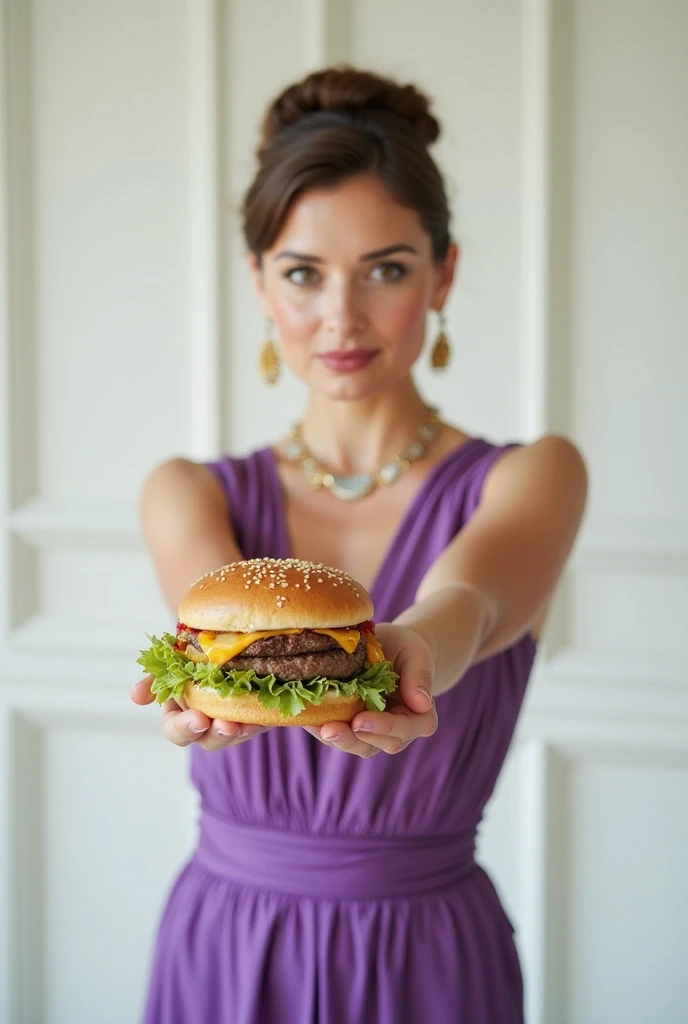 Vintage vogue-style woman holding a burger in her hands with purple dress and background of a white room 