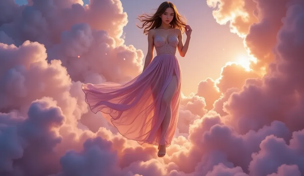 A surreal dreamscape with swirling clouds in shades of purple and orange, Portrait of a sexy woman, illuminated by a glowing, starry sky. A beautiful, sexy woman with long flowing hair appears, her dress made of delicate, translucent fabric, floating grace...