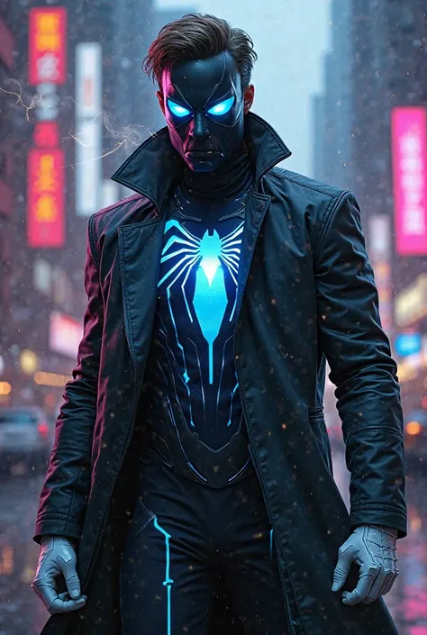 Create an electric Marvel superhero, realistic style. He is in New York, with a neon background like into the spiderverse. He wears a black suit with blue stripes (type of costume ucm) with white gloves and boots, and a white ray in the middle. he is smoki...