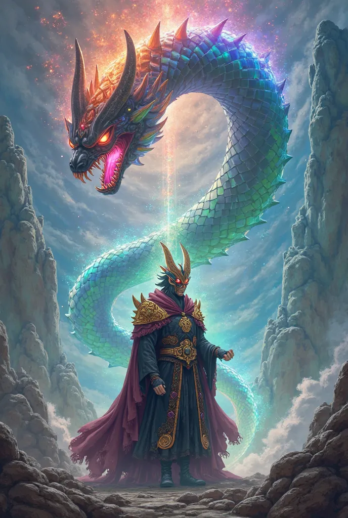 A Baron alchemist wearing an Oni mask and a flying multicolored rayquaza in the background 