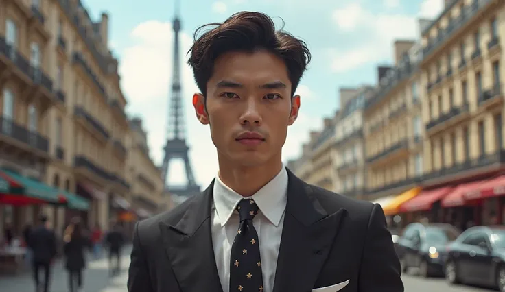 (photorealism:1.2),  very Handsome japanese man, 22-27 year-old, Fashion model, in Paris 