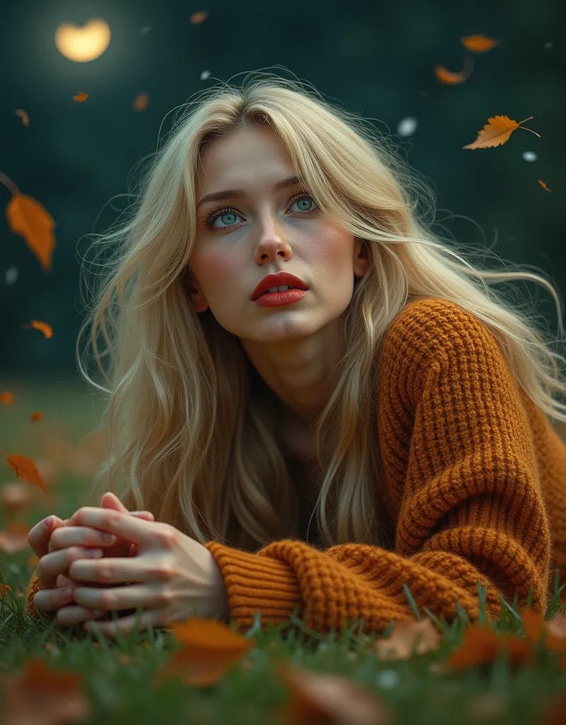 Beautiful woman animated Russian features long blonde hair red lips green eyes autumn clothes lying on green grass holding a flower looking at the moon in the sky and lots of autumn leaves in the air