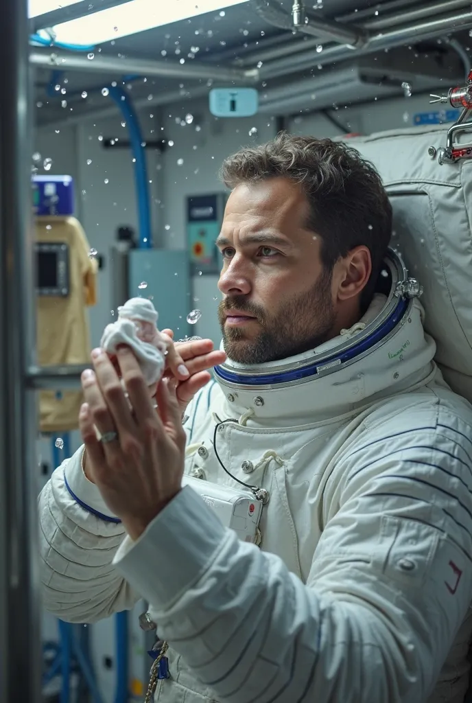 First-person POV, ultra-realistic 8K cinematic scene, performing morning hygiene on the space station. The astronaut uses leave-in shampoo and a damp towel to clean his face, hands visible holding the towel. A small mirror is attached to the wall, reflecti...