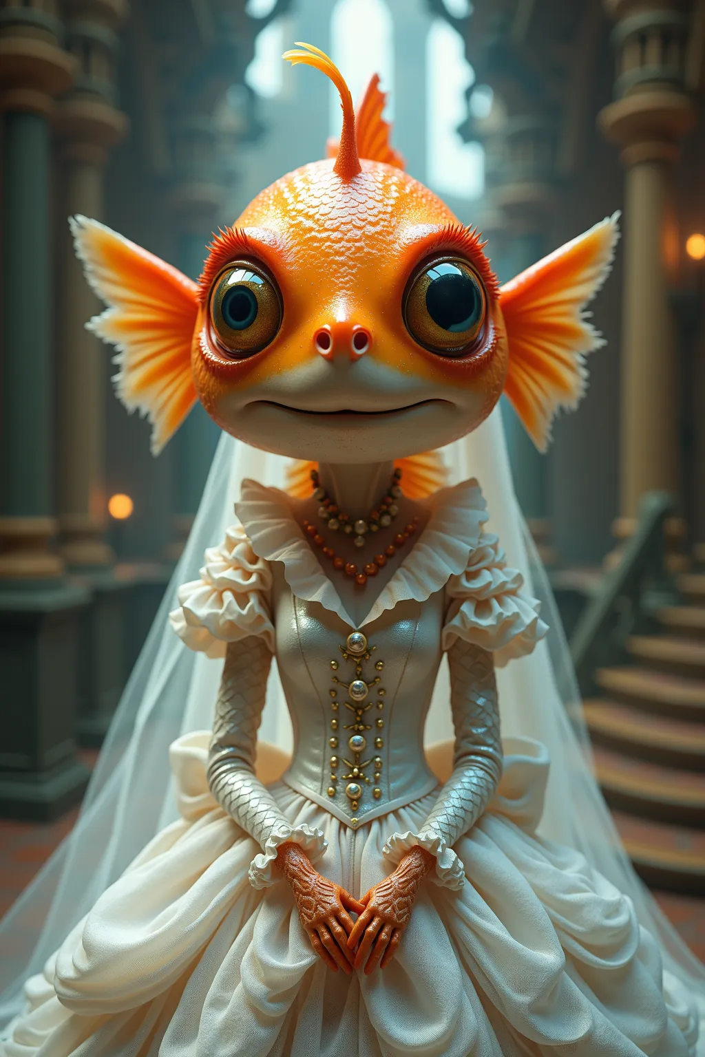 generate images of beautiful character of (goldfish head) zany scarecrow with a fantasy theme,Sparkling effect,(art by Giuseppe Arcimboldo),(fantastic atmosphere), (little smile), highly intricate gothic style white long dress with white veil, elegant, and...