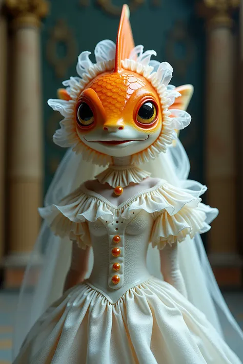 generate images of beautiful character of (goldfish head) zany scarecrow with a fantasy theme,Sparkling effect,(art by Giuseppe Arcimboldo),(fantastic atmosphere), (little smile), highly intricate gothic style white long dress with white veil, elegant, and...