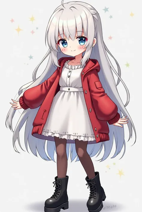 
White-haired hair up to the waist sky blue eyes white complexion with freckles high anime
Miraculous style I mean the animation with a white dress and red jacket brown tights black platform boots a little high