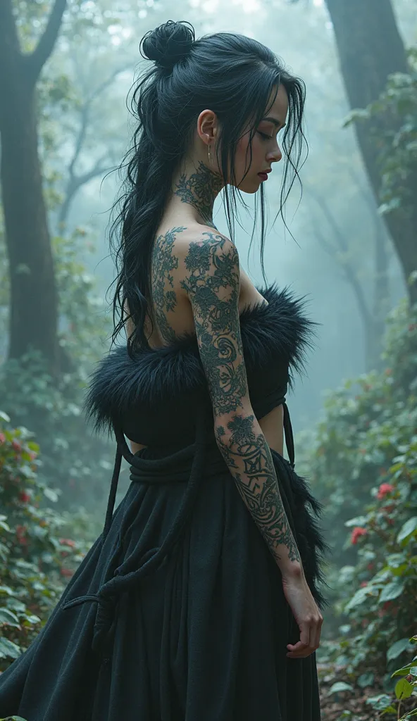 fantasy girl、tattoo、Fog、cyberpunk、black fur、monochrome、half black and white、hyperrealistic, neon magic, forest background