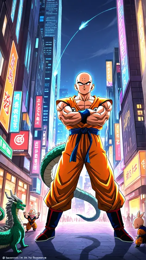 Create the character Kuririn summoning Sheilong from Dragon Ball in a city