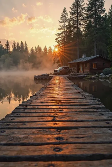 Close-up of a wooden bridge, the calm waters of the lake as it reflects the sunset. In the background, in the distance, the 2024 GMC Yukon car parked next to an old cabin, surrounded by very shady tall trees and pines with some fog between them.