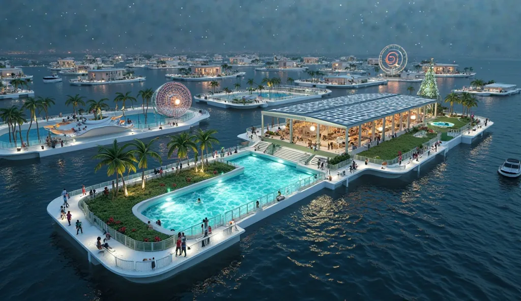 Ultra-details 8K, night scene. The curval minimalist futuristic offshore huge floating city with Amusement park include The wave generator pool machine and water-slider with the skillful surfers, Ferris wheel, roller coaster, carousel, the soccer field, al...