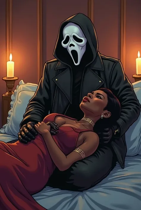 Ghostface from the horror movie scream wearing black leather jacket black gloves black leather pants meets Tiana Rogers  from the Disney movie princess and the frog laying on bed getting sexual cartoon background beautiful room with candles lit Tiana Roger...