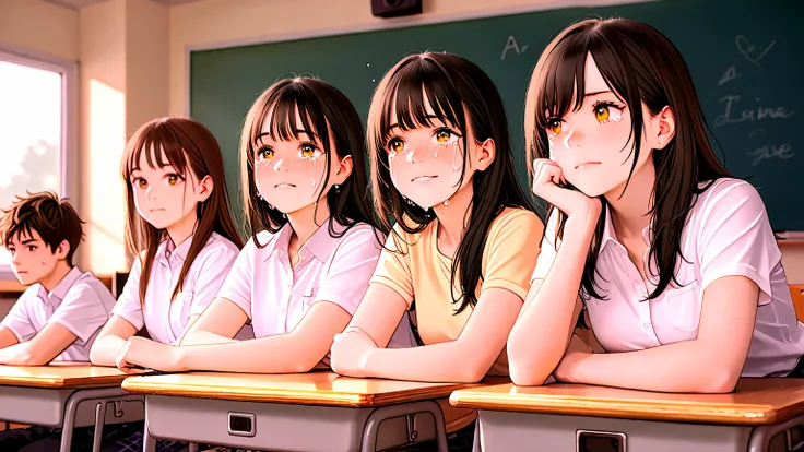 girls are being bullied by girls in the classroom、girl crying、The boy and girl are both high school students the same age、The camera shows the entire distance、boy and brown-haired girl、draw the same face as the one before、nicely、A few students are shown