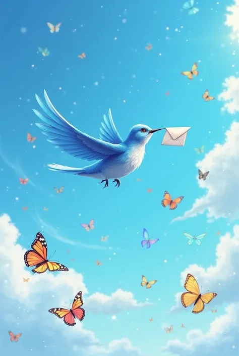 Beautiful sky with a blue bird holding a letter, surrounded by colorful butterflies 