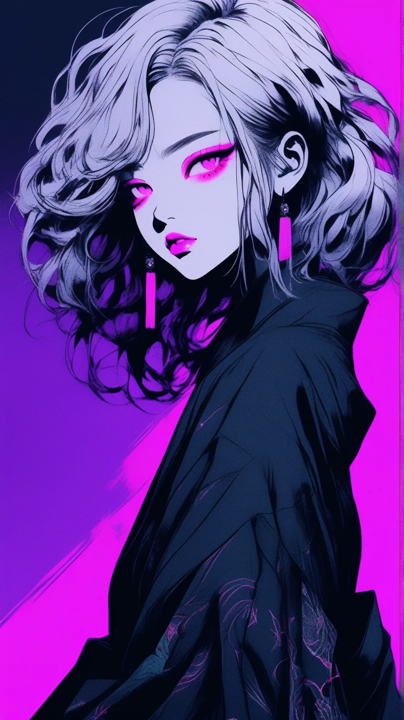 (best quality,  sketch:1.2),realistic,Illustrator,anime,1 girl, Detailed Lips, plain kimono ,custom, (background dark monochrome),Neon Hair,texture cropping, masterpiece,  style retro classic, Noir Dark, art,  sketch book, (:1.75 Neon:1.32), Bad Girl , dar...