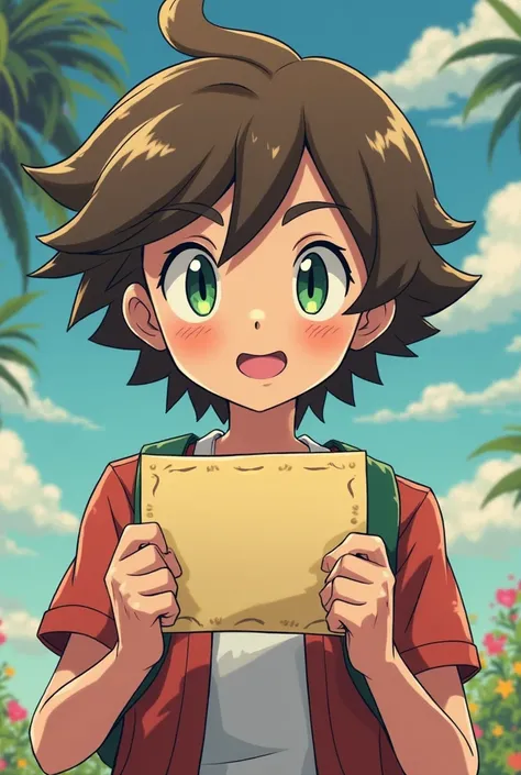 Ash-style Pokémon boy with wavy brown hair and green eyes holding a Pokémon letter 