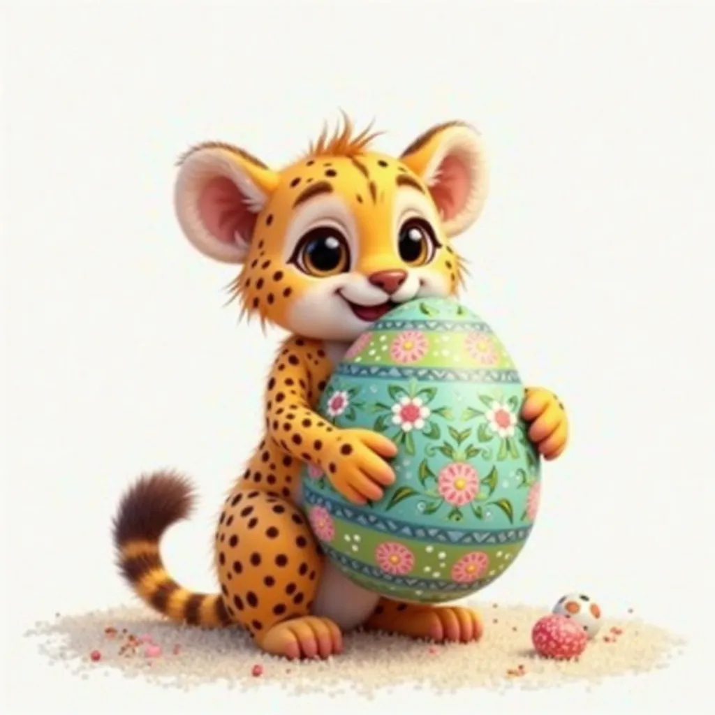 Draw a cute cheetah holding a large Easter egg, decorated with colorful patterns like stripes, dots and spirals. white background